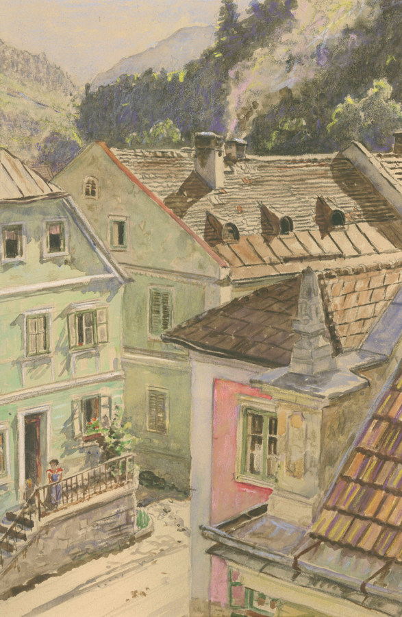 Aquarell von Josef Neuroth 1920er Jahre: Von rechts Giebel Vasold, Dobler Haus, Bäckerei Vasold, Uhren Binder (mit Stiege)